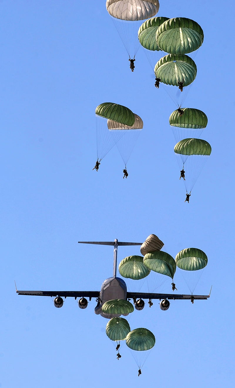 army, soldier, parachutes, aircraft, military, vertical, clear sky, sky, HD phone wallpaper