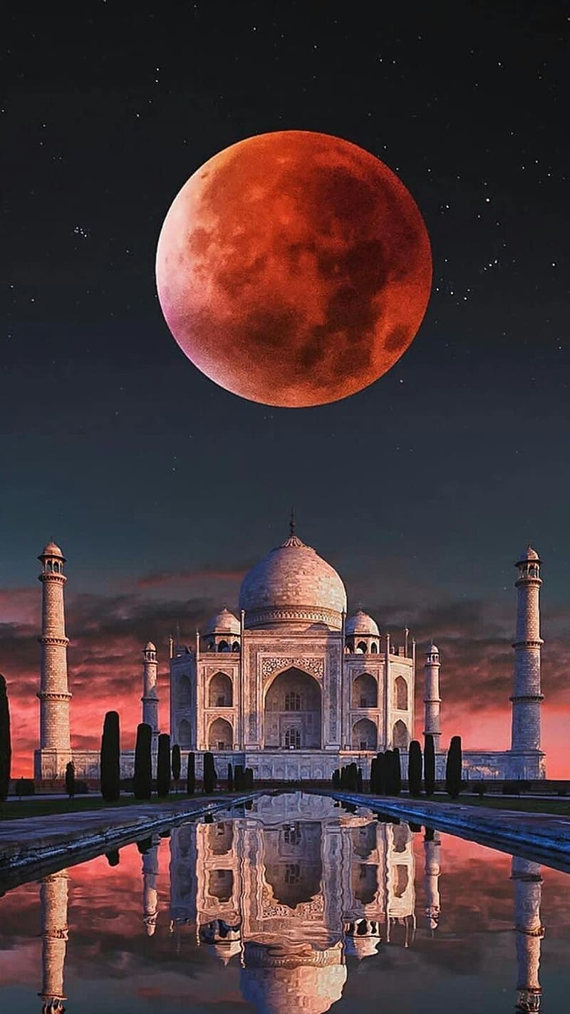 Taj Mahal With Moon Background, taj mahal, moon background, mausoleum, monument, ivory white marble, HD phone wallpaper