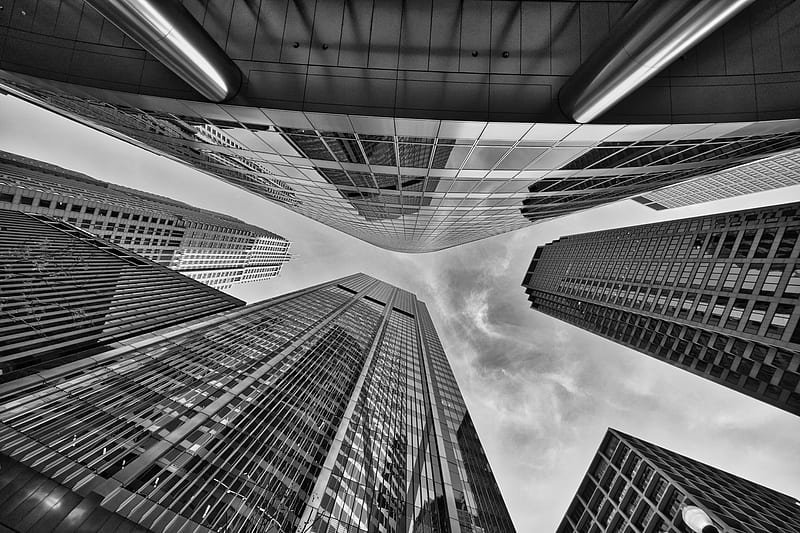 buildings, architecture, black and white, bottom view, HD wallpaper
