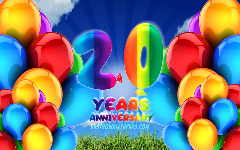 20 Years Anniversary, cloudy sky background, colorful ballons, artwork, 20th anniversary sign, Anniversary concept, 20th anniversary, HD wallpaper