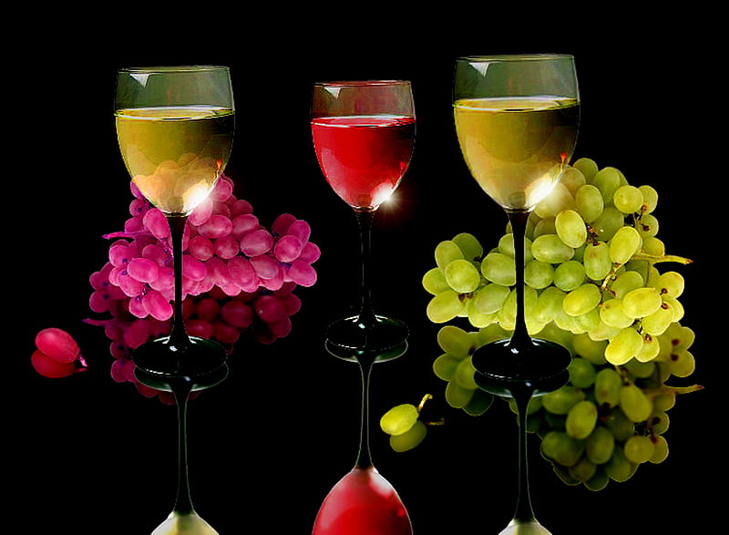 Wine And Grapes, red, wine, glasses, colors, black, yellow, bonito, sweet, grapes, glass, nice, dark, nature, pink, HD wallpaper