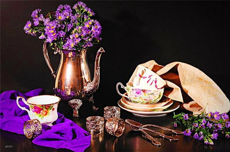 Time for tea, table, time, abstract, tea, floral, still life, graphy, purple, flowers, teaspoons, cups, natural, porcelain, HD wallpaper