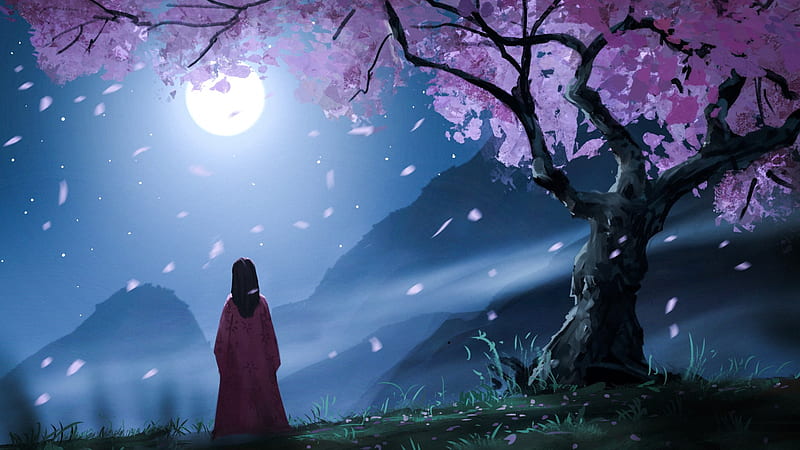 Anime, Girl, Moon, Night, Tree, HD wallpaper
