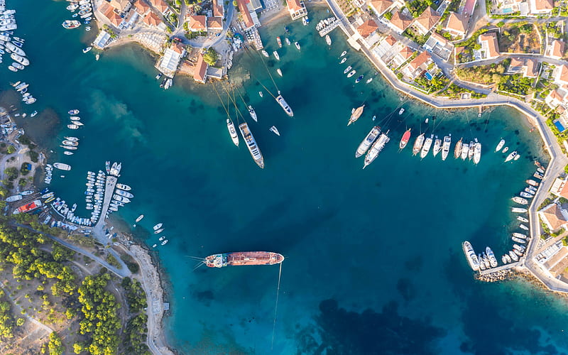 bay, yachts, top view, bay aero view, view from above, Mediterranean Sea, summer, Greece, sailboats, HD wallpaper