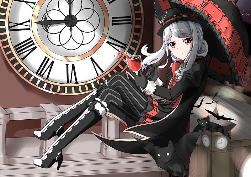 Flying With Her Wine Glass, Nine O clock, Red Dress, Red, Black, Anime, Flying, Umbrella, Roman Numerals, Cute, Bat, Wine Glass, Girl, Hat, Boots, Clock Tower, Clock, HD wallpaper