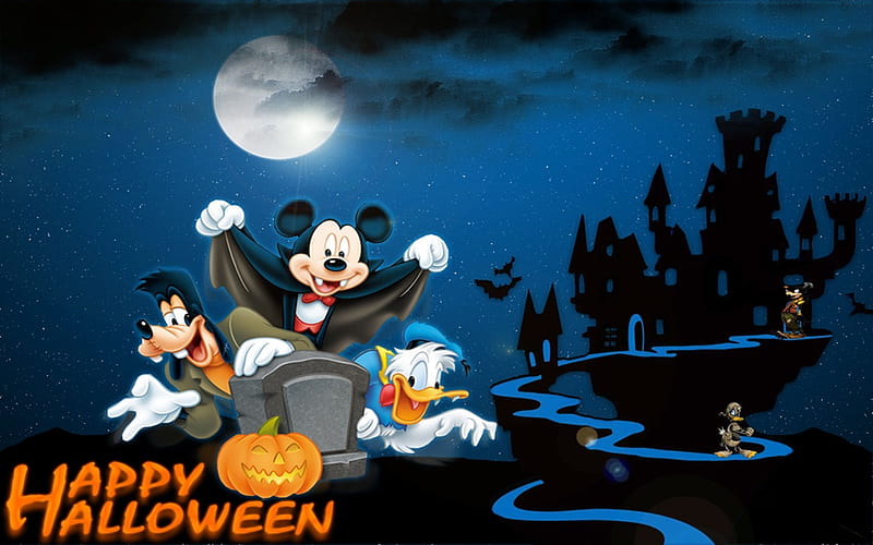 :), mickey mouse, fantasy, pumpkin, goody, donald duck, card, night, halloween, moon, luna, HD wallpaper