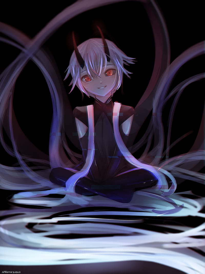 girl, demon, smile, glitch, anime background, HD phone wallpaper