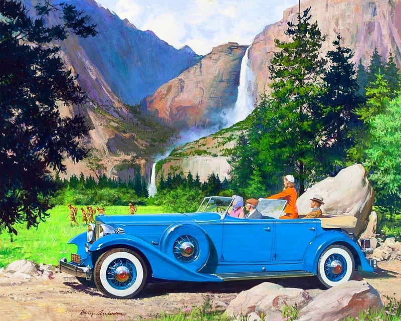 Brand Packard - 1933, draw and paint, love four seasons, attractions in dreams, carros, paintings, California, Yosemite Falls, people, travels, 1933, retro car, HD wallpaper