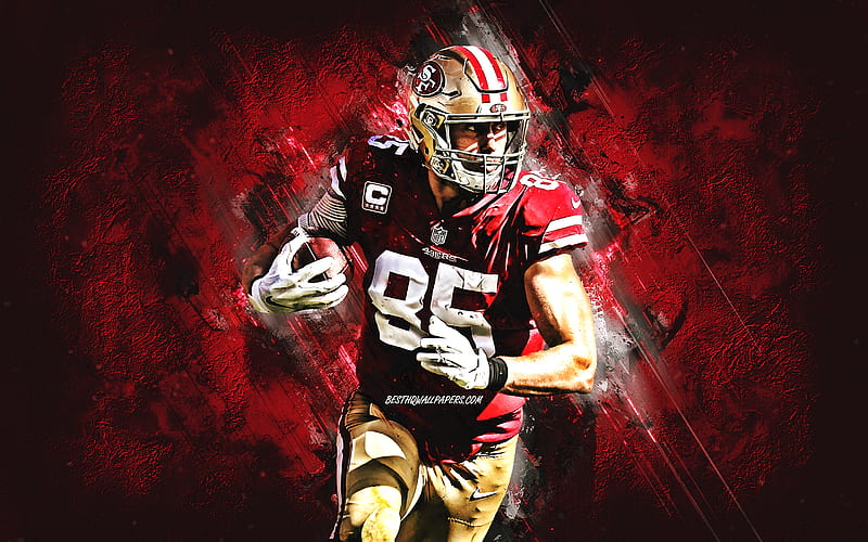 George Kittle, NFL, San Francisco 49ers, american football player, red stone background, creative art, National Football League, HD wallpaper