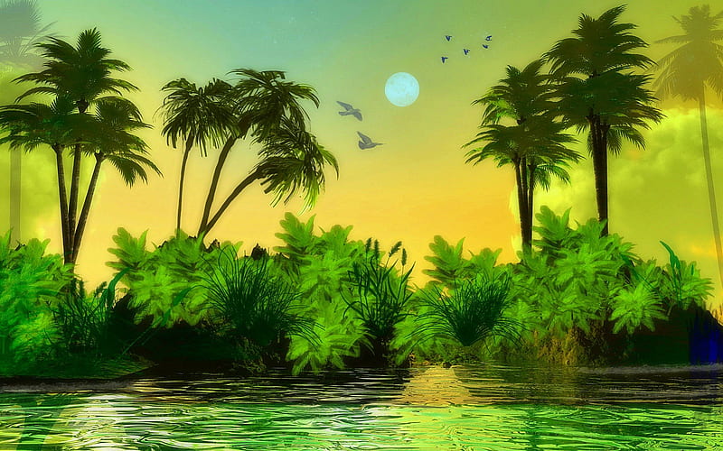 ✼.Green Natural.✼, pretty, sun, splendid, grass, bonito, digital art, clouds, nice, fantasy, paintings, waterscapes, green, landscapes, best, scenery, animals, lovely, colors, places, sky, cute, cool, bird, plants, flying, island, nature, HD wallpaper