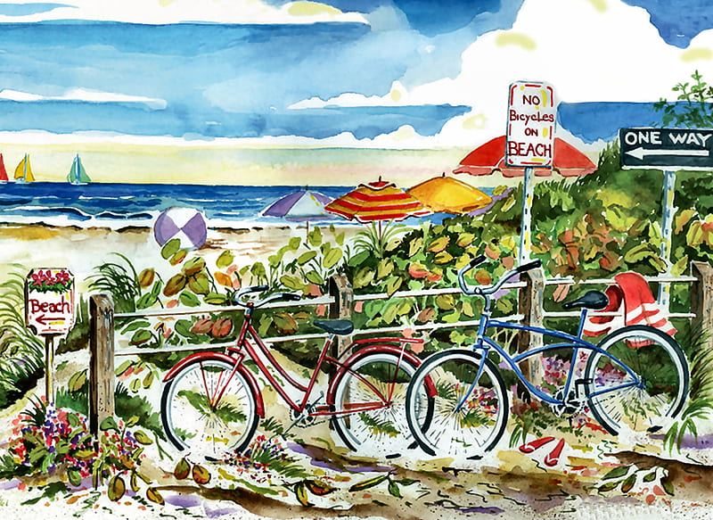 No Bicycles on the Beach F, art, shore, sign, bonito, artwork, beach, sand, painting, wide screen, bicycles, scenery, HD wallpaper