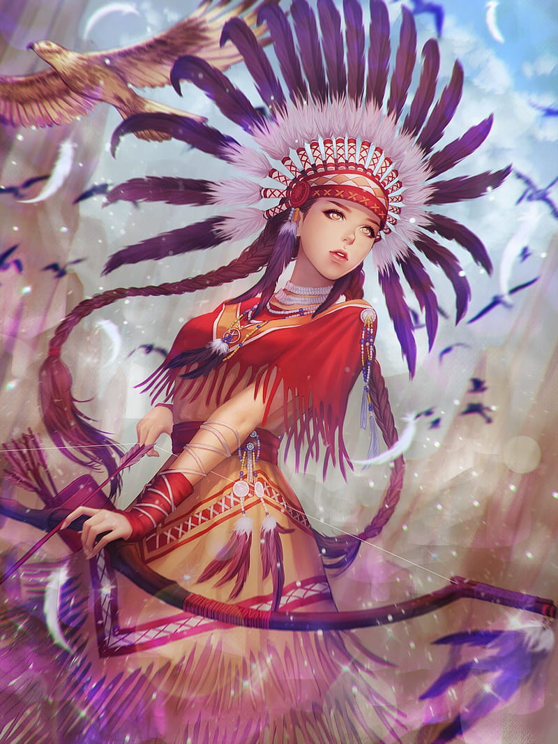 fantasy art, archer, feathers, bow, fantasy girl, HD phone wallpaper
