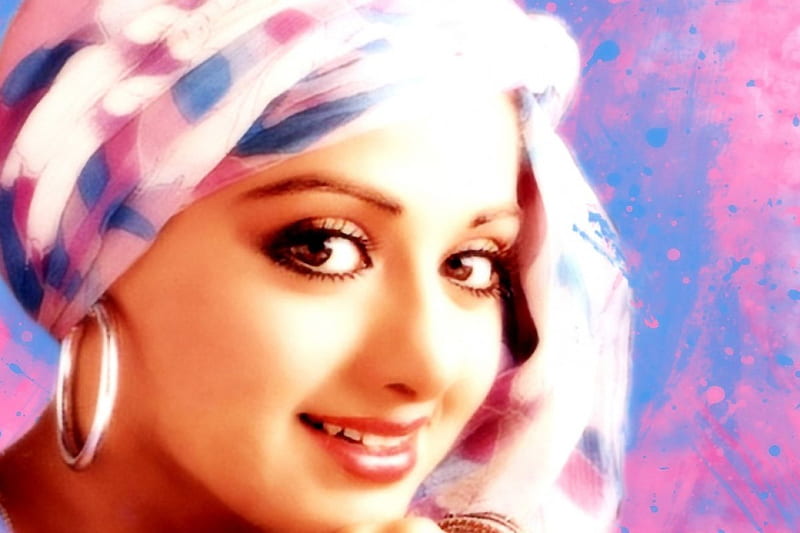 Goddess of Beauty, Sridevi, bright eyes, colorful, bollywood, sridevi, actress, painting effect, beautiful smile, grace, HD wallpaper