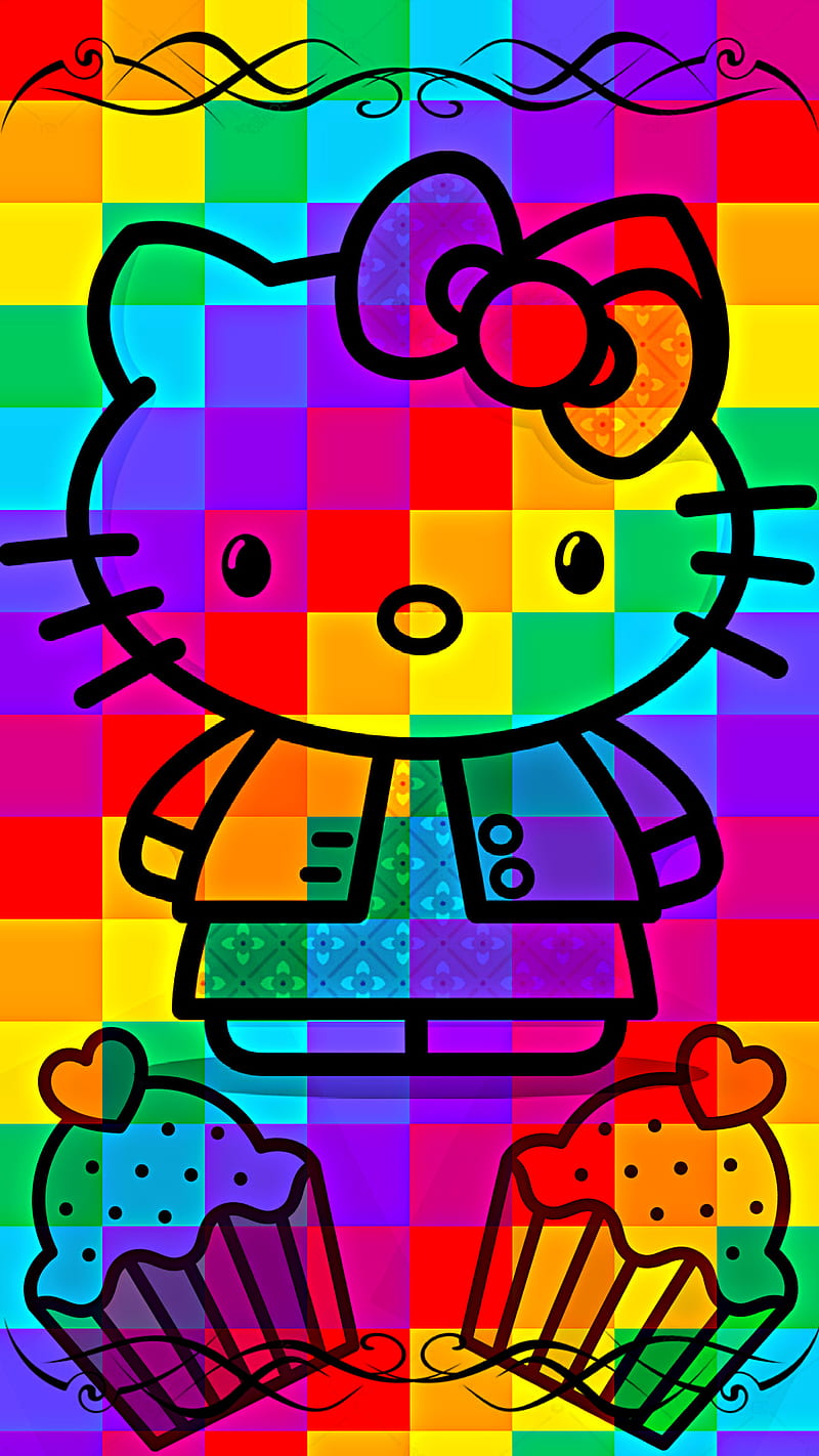 HK Pixel Rainbow, 8bit, colorful, cupcake, cute, hello kitty, iphone, kawaii, neon, HD phone wallpaper