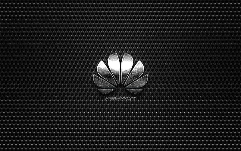 Huawei logo, steel polished logo, Huawei emblem, brands, metal mesh texture, black metal background, Huawei, HD wallpaper