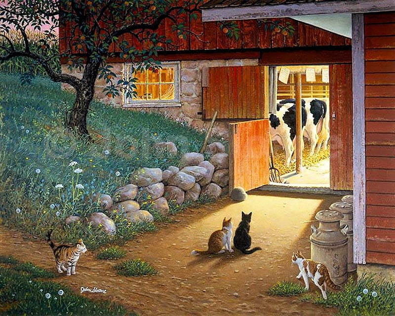 Early Risers, artwork, cows, stones, daffodils, painting, stable, cats, HD wallpaper