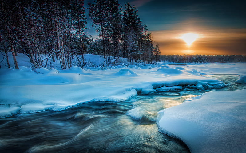 Lapland snowdrifts, winter, sunset, river, beautiful nature, Europe, Finland, R, HD wallpaper