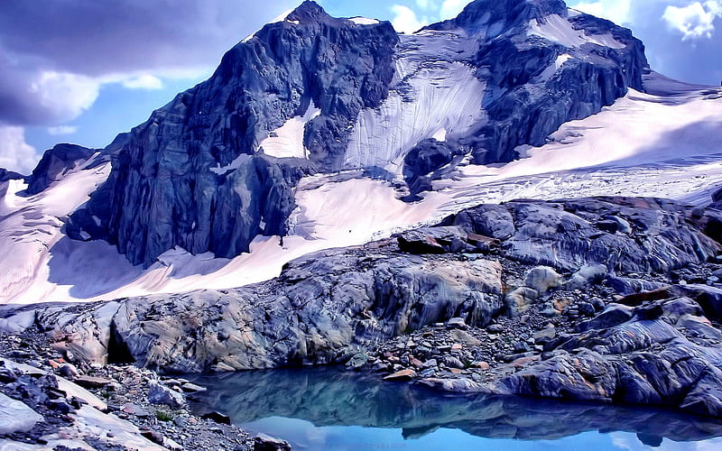 SNOWCAPPED MOUNTAIN, pond, mountain, snow, winter, HD wallpaper