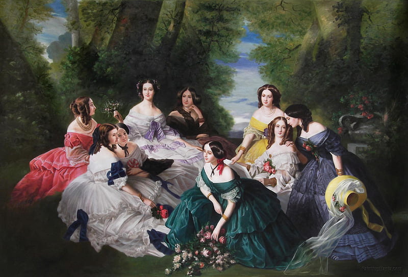 The Empress Eugenie Surrounded by her Ladies by Franz Xaver Winterhalter, art, vara, girl, summer, painting, empress eugenie, woman, franz xaver winterhalter, pictura, HD wallpaper