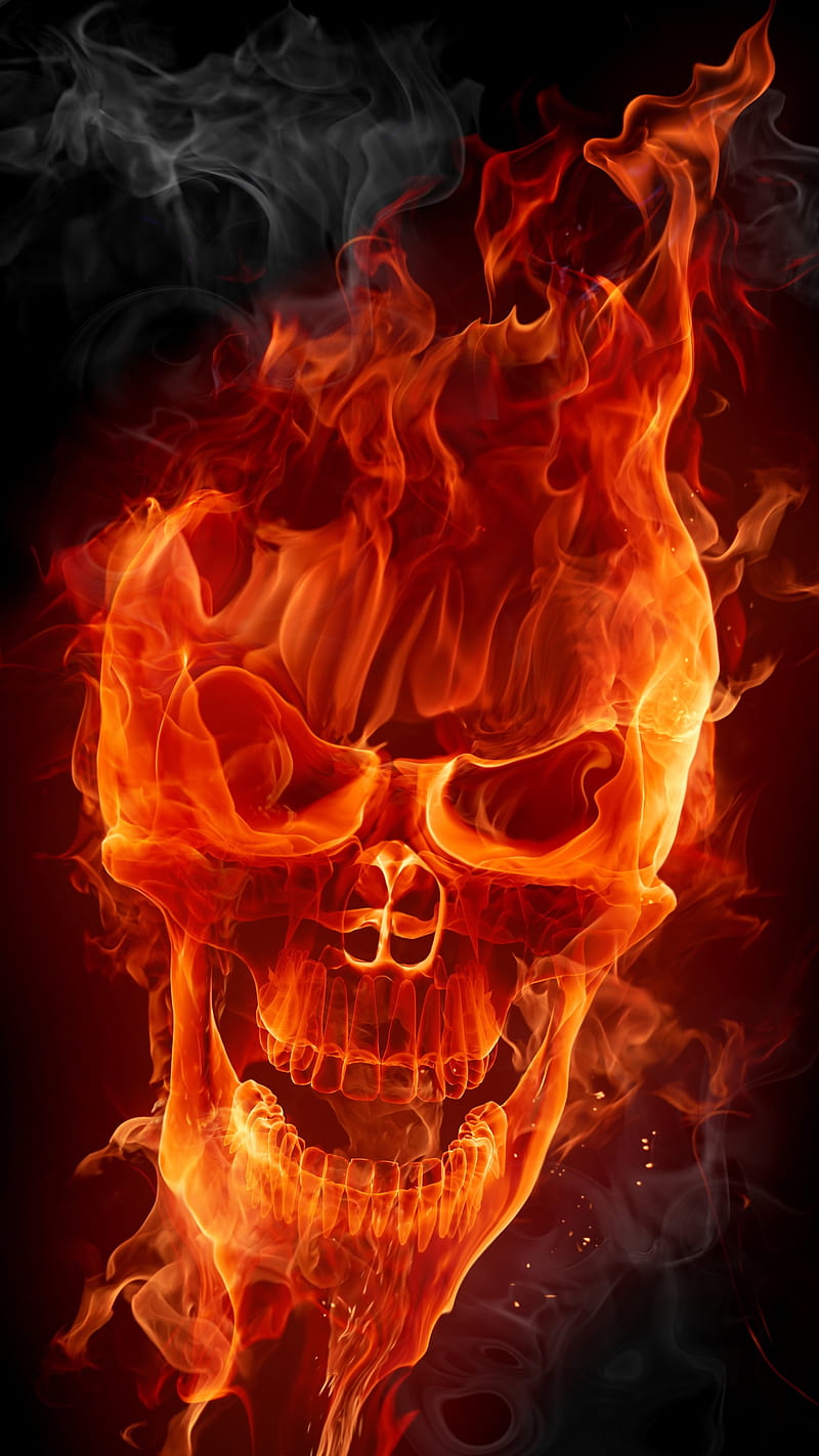 Flaming Skull, 3d, bones, fantasy, fire, flames, skull, HD phone wallpaper