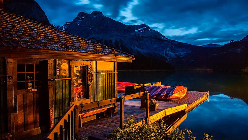 A relaxing place, mountain, hut, peace, lake, HD wallpaper