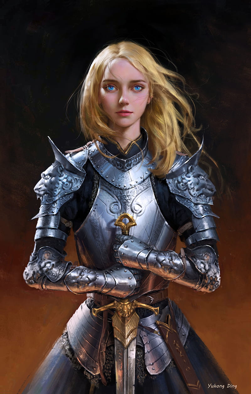 artwork, women, blonde, long hair, armor, sword, warrior, knight, fantasy art, Jeanne d'Arc, HD phone wallpaper