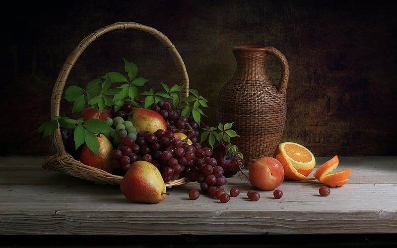 Fruit Still Life, still life, grapes, basket, fruits, jug, HD wallpaper