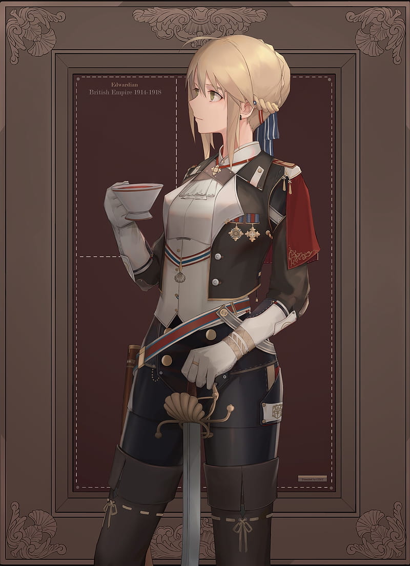saber alter, military uniform, coffee, sword, fate stay night, blonde, Anime, HD phone wallpaper