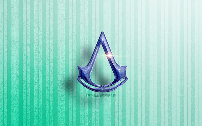 Assassins Creed 3D logo, blue realistic balloons, games brands, Assassins Creed logo, blue wooden backgrounds, Assassins Creed, HD wallpaper