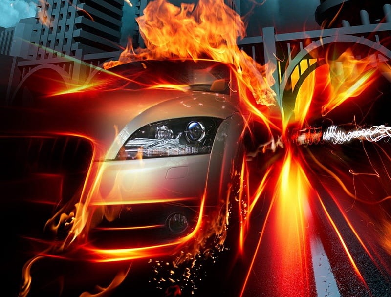 Flaming Car, amazing, 3d, flames, car, HD wallpaper