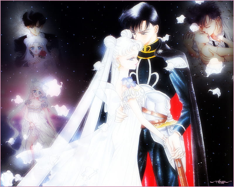 Serenity and Endymion, tuxedo mask, anime, mamoru, manga, sailor moon, prince endymion, usagi, princess serenity, HD wallpaper