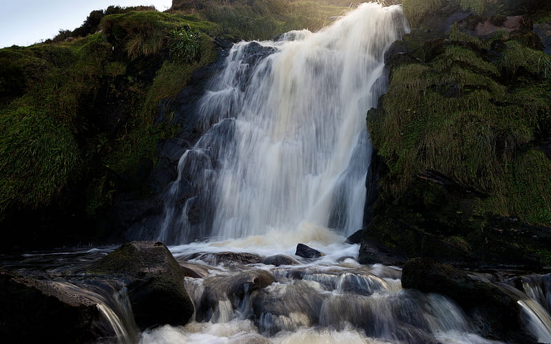 waterfall, rocks, green slopes, hills, Iceland, beautiful waterfall, HD wallpaper