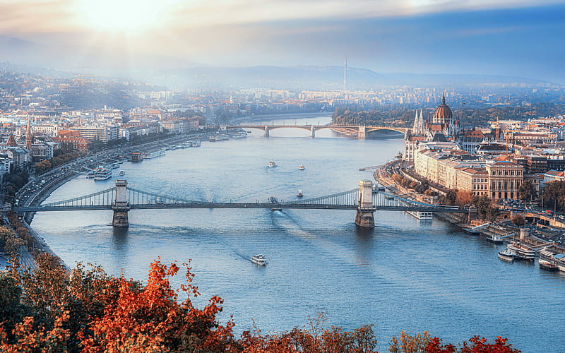 Budapest, aerial view, Chain bridge, Danube river, Budapest in autumn, Budapest panorama, Hungary, HD wallpaper