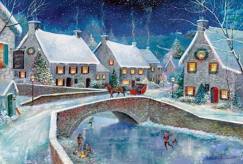 Winter wonderland, frost, art, cold, peaceful, houses, lake, sleigh, painting, snow, bridge, wonderland, joy, ice, village, evening, winter, mood, skating, HD wallpaper