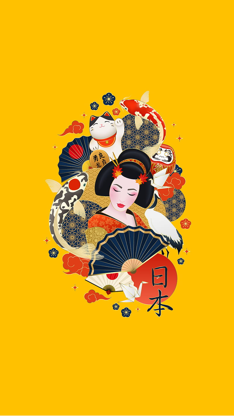 geisha yellow bg, cat, cultutre, fish, japan, japan culture, woman, HD phone wallpaper