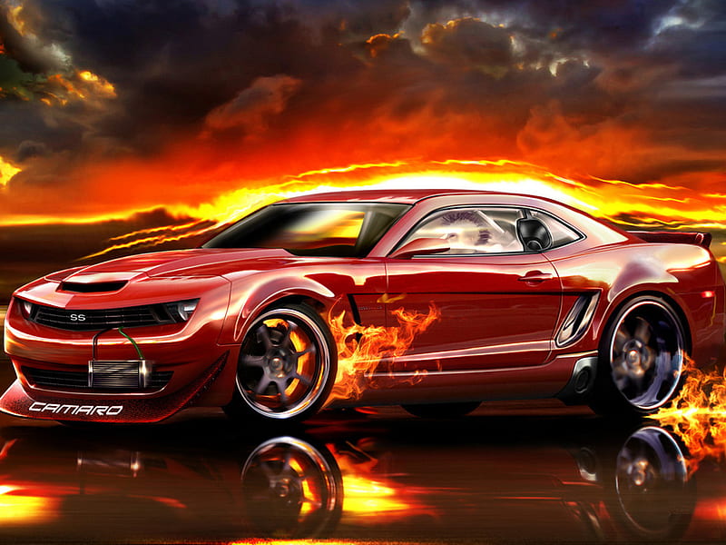 Chevrolet-fire-reflection, carros, fire, chevrolet, colors, camaro, reflection, clouds, HD wallpaper