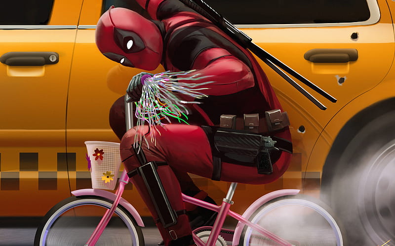 Deadpool 2, bicycle, 2018 movie, taxi, superheroes, Deadpool, HD wallpaper