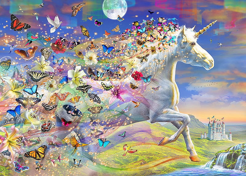 Unicorn, fantasy, moon, luminos, butterfly, moon, adrian chesterman, white, blue, HD wallpaper