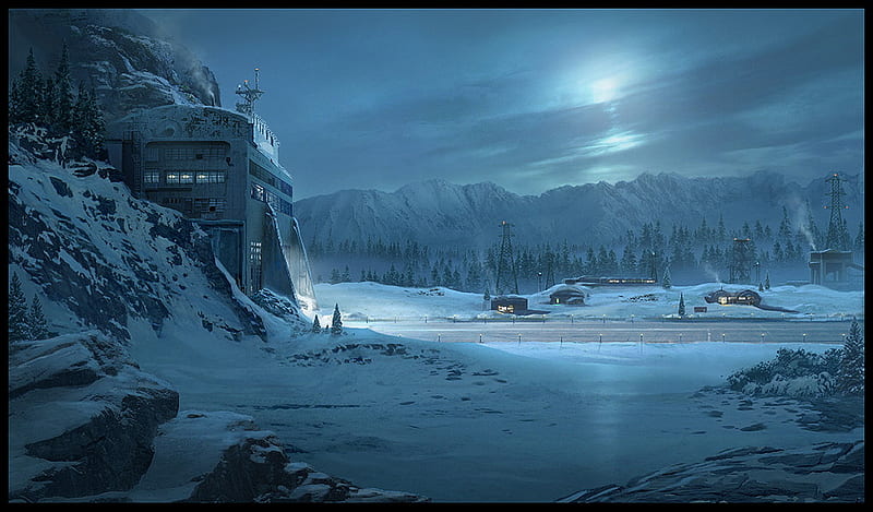 Silo Russian Base, silo, trees, winter, moon, cool, snow base, russian, HD wallpaper