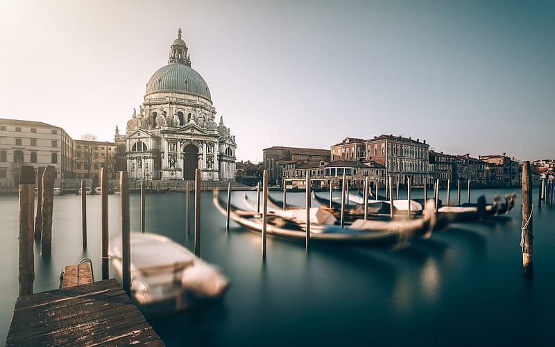 Venice, gondolas, pier, Italy, blur, morning Venice, Europe, HD wallpaper