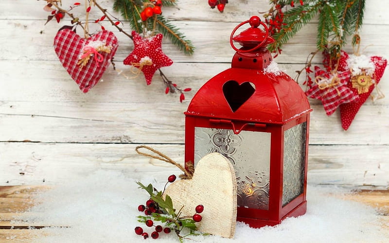 Merry Christmas!, red, deco, lantern, craciun, christmas, green, heart, fir, white, star, wood, HD wallpaper
