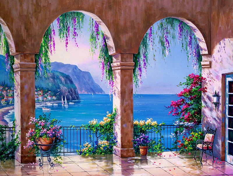 Mediterranean arch, pretty, colorful, shore, breeze, bonito, sea, nice, calm, flowers, blue, mediterranean, quiet, lovely, view, ocean, shoreline, sky, water, serenity, arch, summer, nature, coast, HD wallpaper