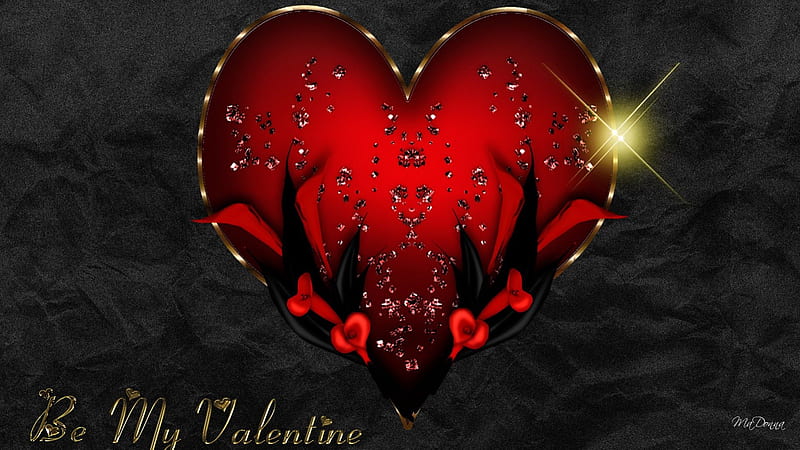 Red Heart on Black Silk, satin, gold star, lilies, flower, silk, goth, Valentines Day, gold, heart, abstrqact, flowers, Gothic, star, luxurious, HD wallpaper