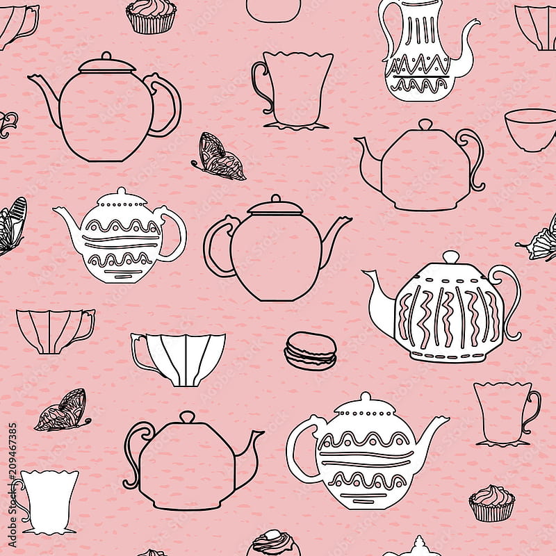Pink and black vintage teapots and cups seamless textured pattern background. Perfect for fabric, scrap booking, , invitations, gift wrap Stock Illustration, Reservation, HD phone wallpaper