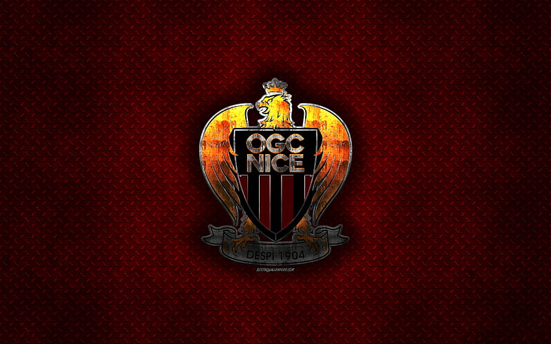 OGC Nice, French football club, red metal texture, metal logo, emblem, Nice, France, Ligue 1, creative art, football, HD wallpaper
