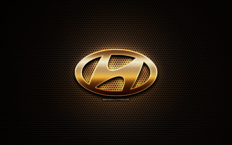Hyundai glitter logo, cars brands, creative, metal grid background, Hyundai logo, brands, Hyundai, HD wallpaper