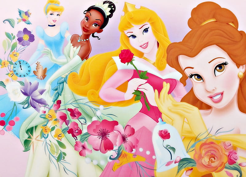 Disney princesses, movie, aurora, belle, yellow, cinderella, fantasy, girl, flower, tiana, princess, pink, disney, blue, HD wallpaper