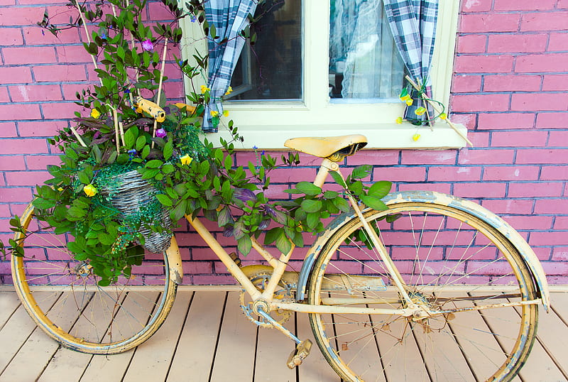 brown city bike with flowers near red brick building during daytime, HD wallpaper