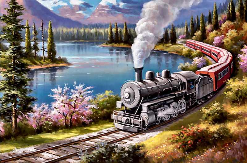 Spring Train F1Cmp, railroad, art, locomotive, bonito, spring, illustration, artwork, train, engine, painting, wide screen, tracks, HD wallpaper