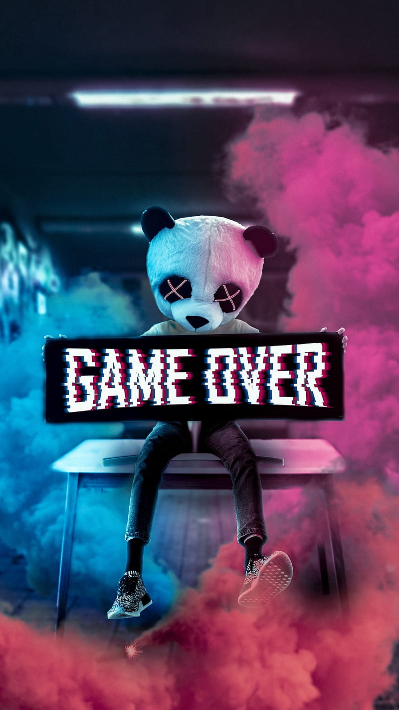Came over, bear, blue, cartoon, drawings, game, game over, pink, sayings, HD phone wallpaper